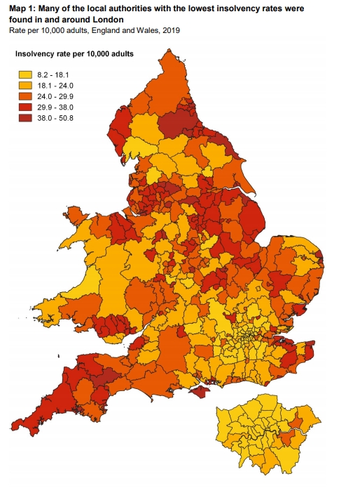 heatmap showing the geographical distribution of personal insolvencies in England and Wales in 2019, with higher concentrations in the North, the South West, and coastal areas
